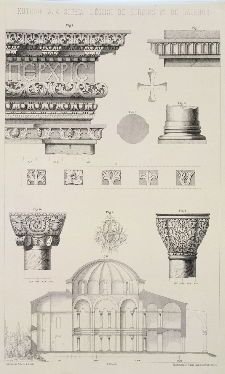Tværsnit og arkitektoniske detaljer af Kutciuk Aja Sophia, Sergius og Bacchus kirke, fra 