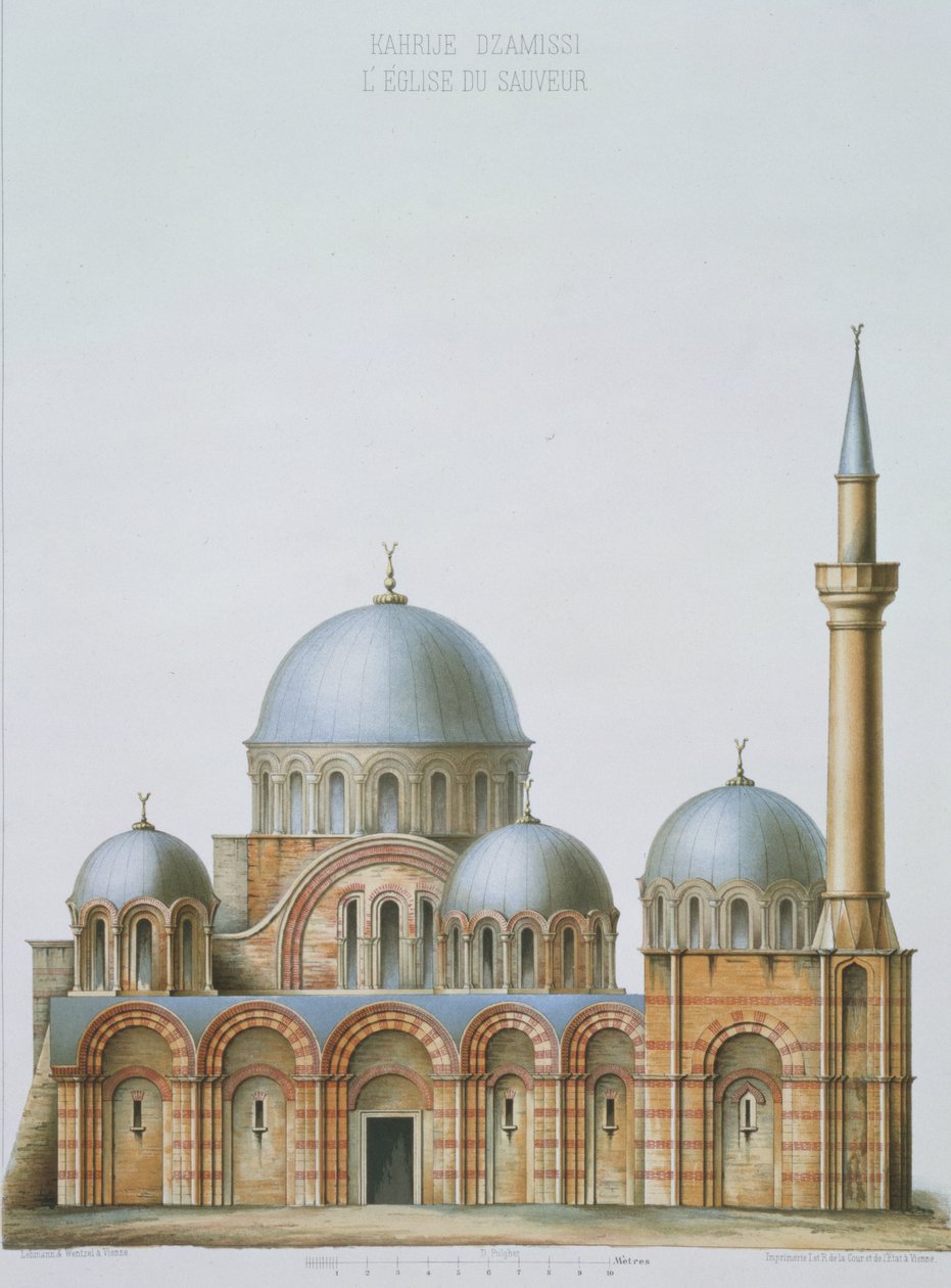 Facade af Kahrije Dzamissi, Frelserens kirke, fra "Church Architecture of Constantinople", udgivet af Lehmann og Wentzel i Wien, ca. 1870-80 af D. Pulgher