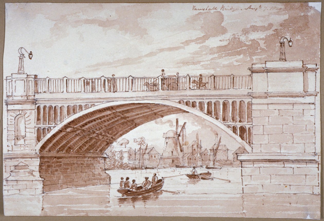 Udsigt over en lille båd, der passerer under Vauxhall Bridge, London, 1820. af DHC