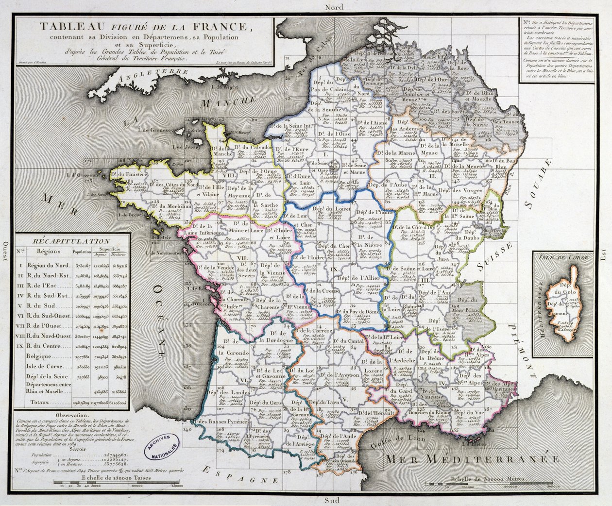 Kort over Frankrig, der viser afdelingsopdelingerne, 1798 af DHoudan