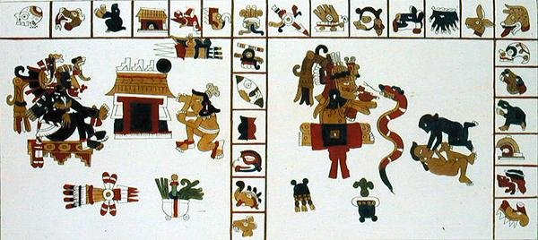 Hieroglyfisk manuskript, der afbilder guden Chuacohuati (farvegravering) af D.K. (after) Bonatti