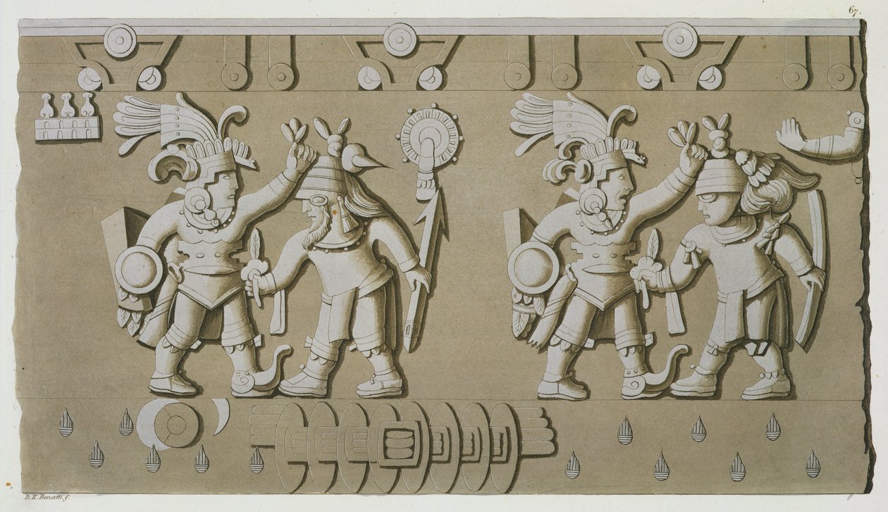 Basrelief af gamle aztekiske krigere, fra Tizoc-stenen til minde om en hersker, der holder sine fanger i hovedet af D.K. Bonatti