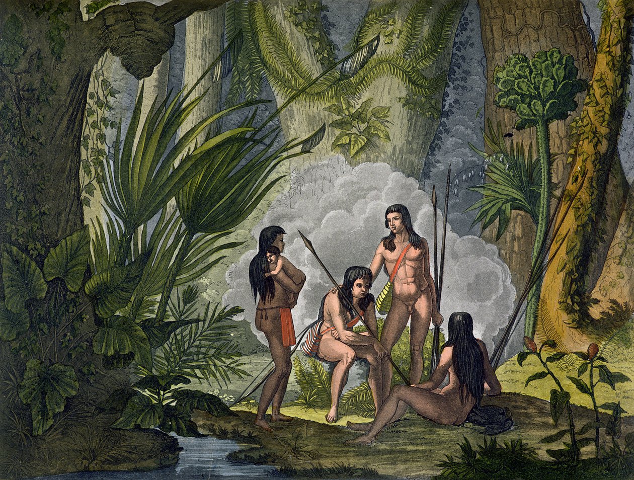 Camacani stammefolk i skov i Amazonasjunglen, Brasilien, fra "Le Costume Ancien et Moderne", bind I, plade 53, af Jules Ferrario, udgivet omkring 1820-30