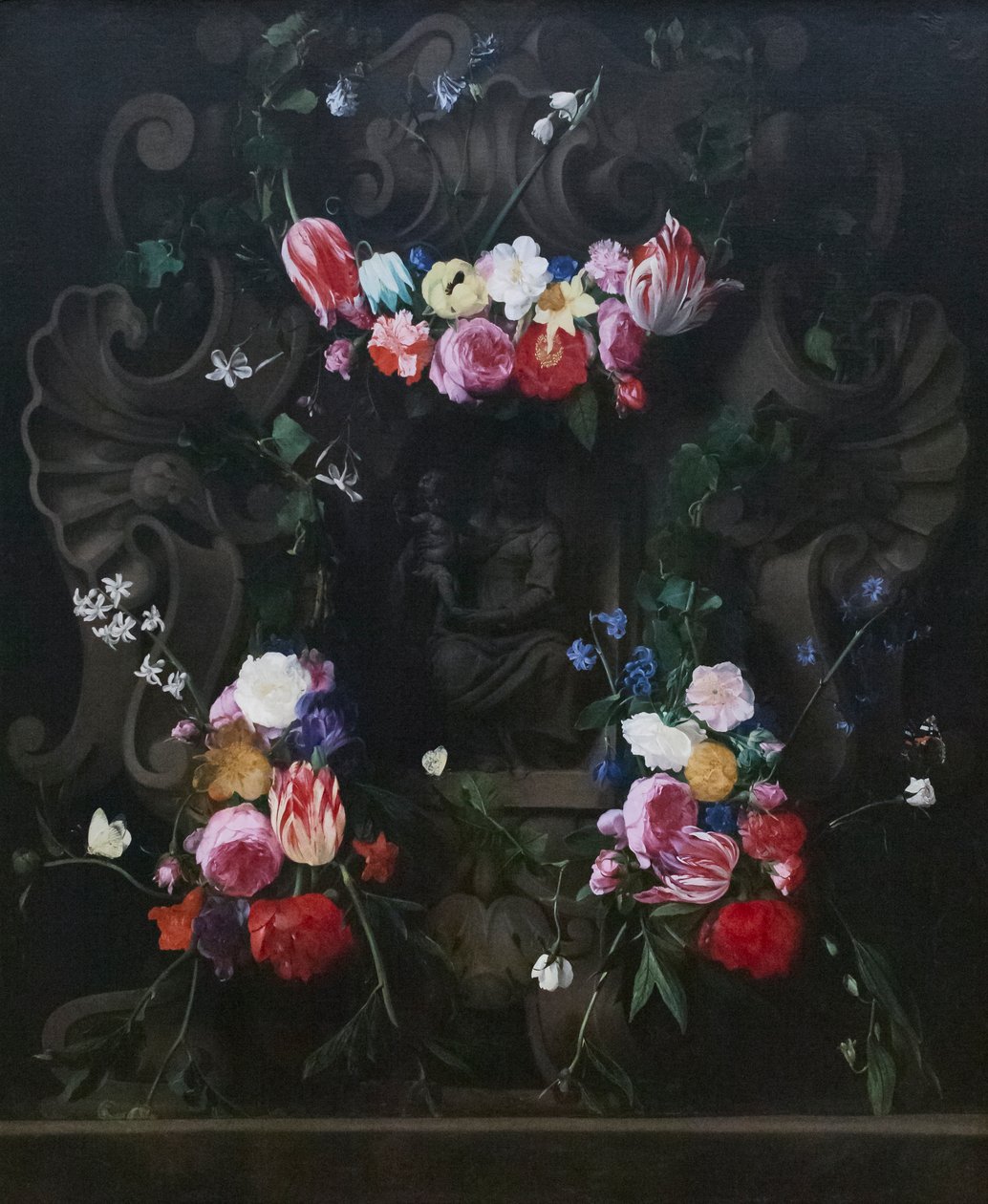 Blomsterkranser omkring Jomfruen med barn af D. & Quellinus E. (1607 78) Seghers