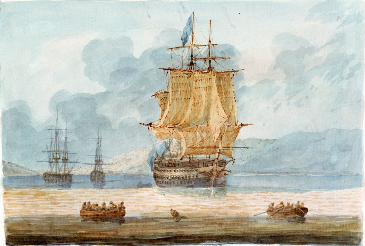 Britisk krigsskib og andre fartøjer på en ankerplads, med skibsbåde i forgrunden, ca. 1798-1805 (akvarel) af D. Tandy