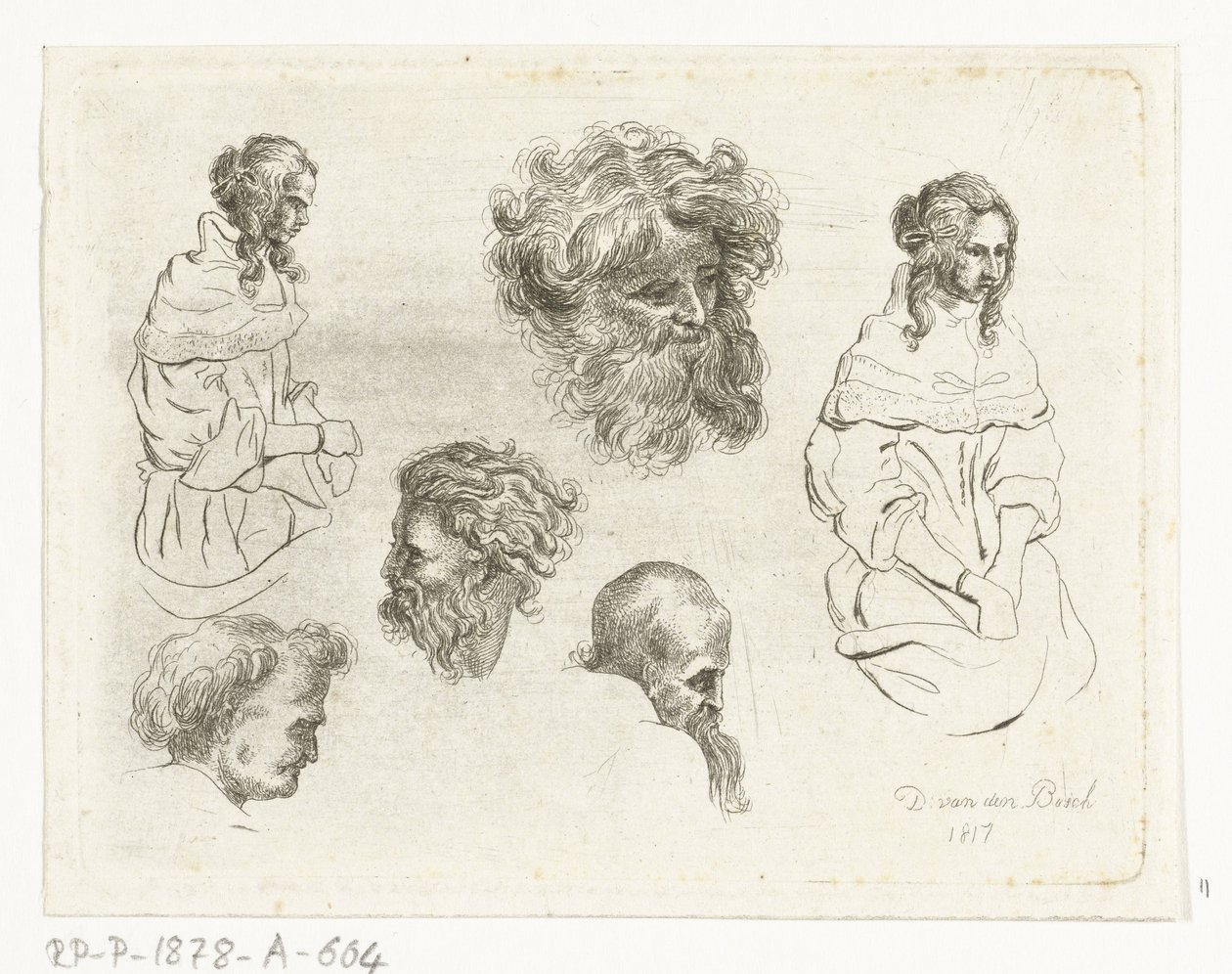 Studieark med hoveder og kvindekroppe af D. van den Bosch