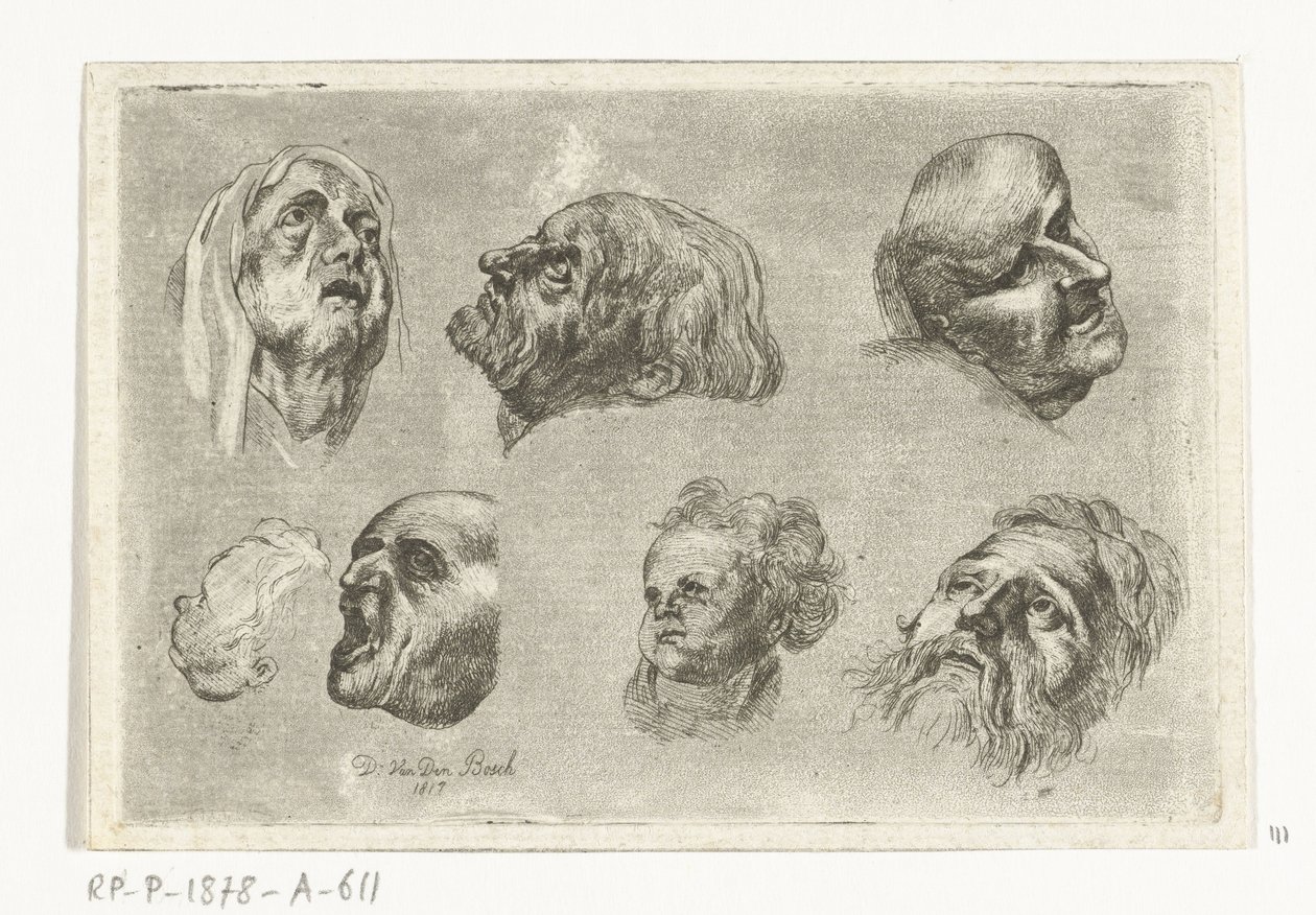 Studieark med syv hoveder i to rækker af D. van den Bosch