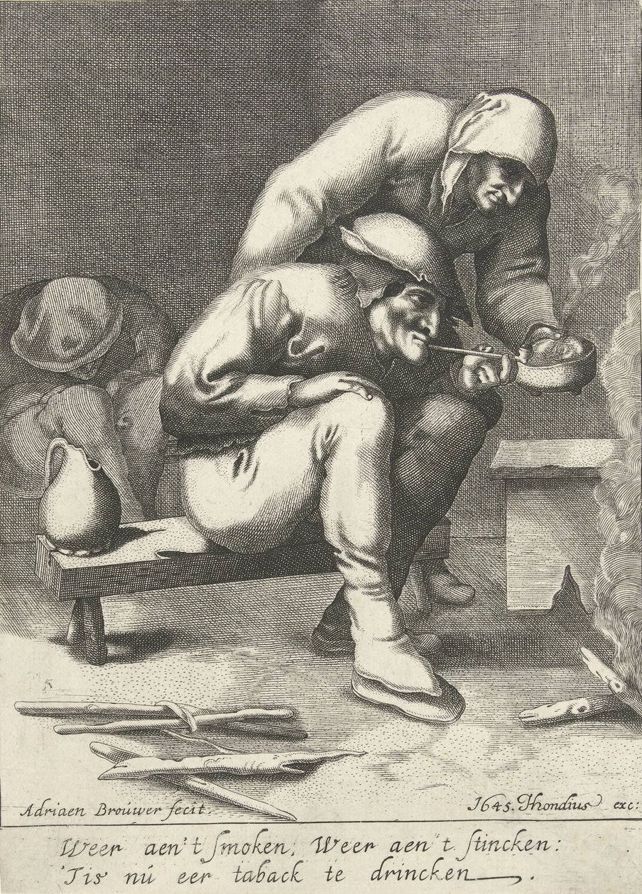 Rygende mand med en kvinde bag sig af D. van den Bremden