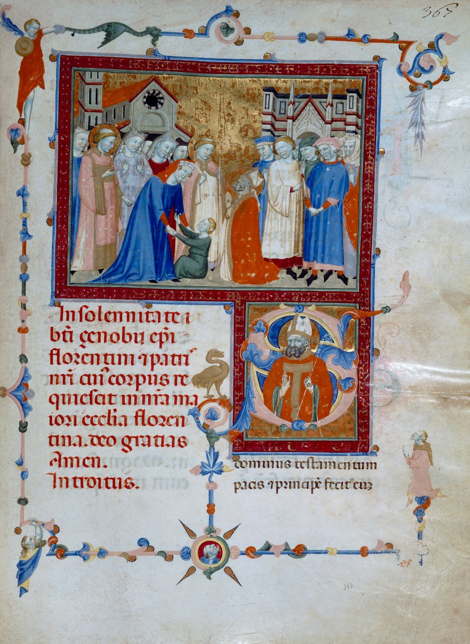 San Zanobi oprejser en dreng fra de døde (Codice Edili 107, ca. 367) til et romersk missal af Daddesco Maestro
