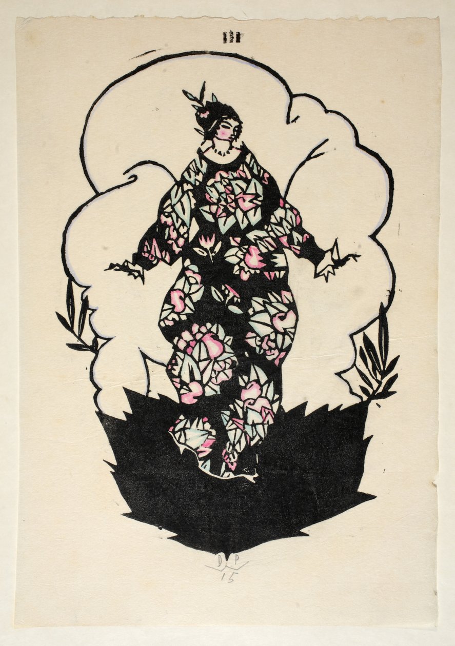 Design til en kjole, plade 3, bog 3, illustration fra "Wiener Werkstatte Mode 191415", udgivet af. Eduard Kosmack, Wien, 1914-1915 (håndkoloreret linolieskrift) af Dagobert Peche