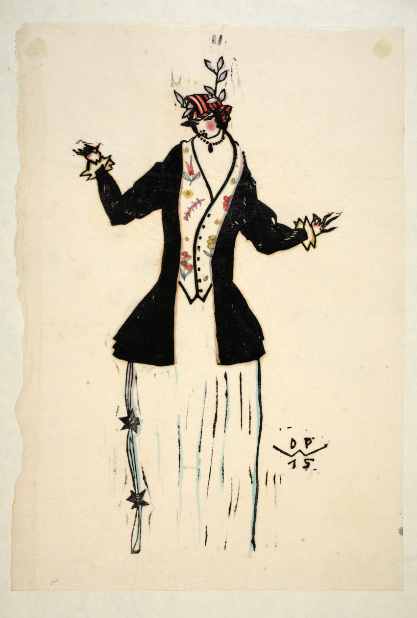 Design til jakke og vest, plade 2, bog 4, illustration fra "Wiener Werkstatte Mode 191415", udg. Eduard Kosmack, Wien, 1914-1915 (håndkoloreret linolieskrift) af Dagobert Peche