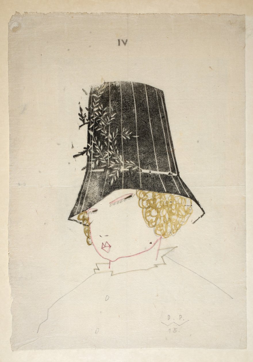 Design til en hat, plade 4, illustration fra "Wiener Werkstatte Mode 191415", udg. Eduard Kosmack, Wien, 1914-1915 (håndkoloreret linolieskrift) af Dagobert Peche