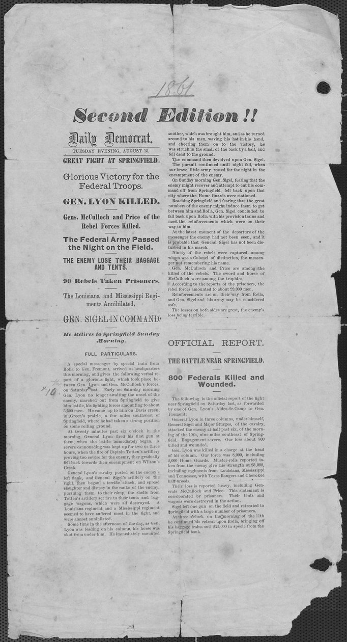 Indeholder beretning om slaget ved Wilson’s Creek, Missouri af Daily Democrat