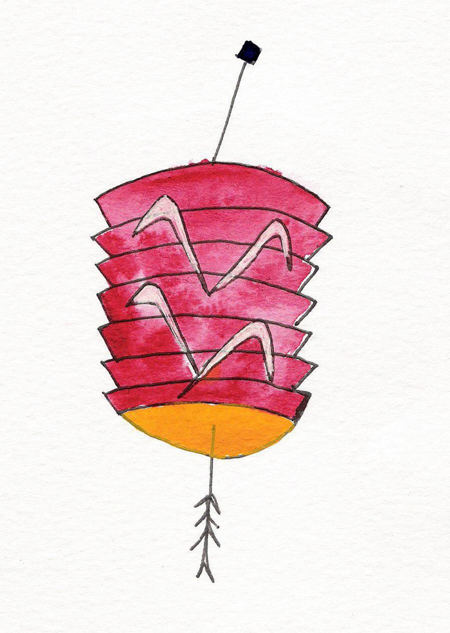 Chinese Lantern, 2107 (rødt, gult, hvidt og sort tusch på papir) af Daisy de Villeneuve