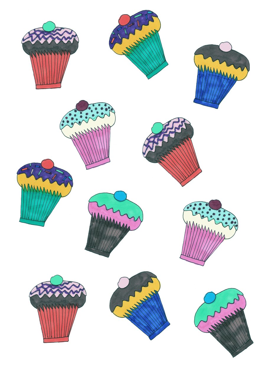 Cupcakes, 2017 (tusch på papir) af Daisy de Villeneuve