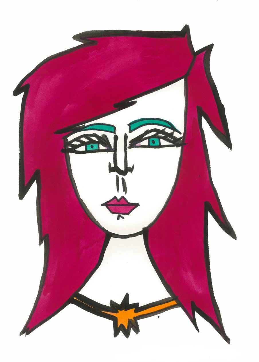 Dark Pink Hair, 2024 (pen med maling på papir) af Daisy de Villeneuve