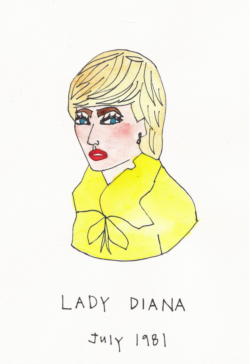 Lady Diana, 2017 (gult, rødt, blåt og brunt india-blæk med tusch på papir) af Daisy de Villeneuve
