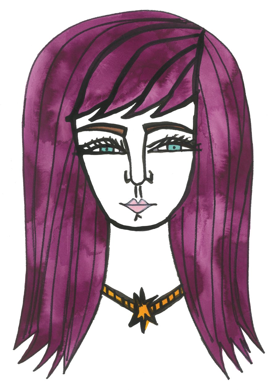 Purple Hair, 2024 (pen med maling på papir) af Daisy de Villeneuve