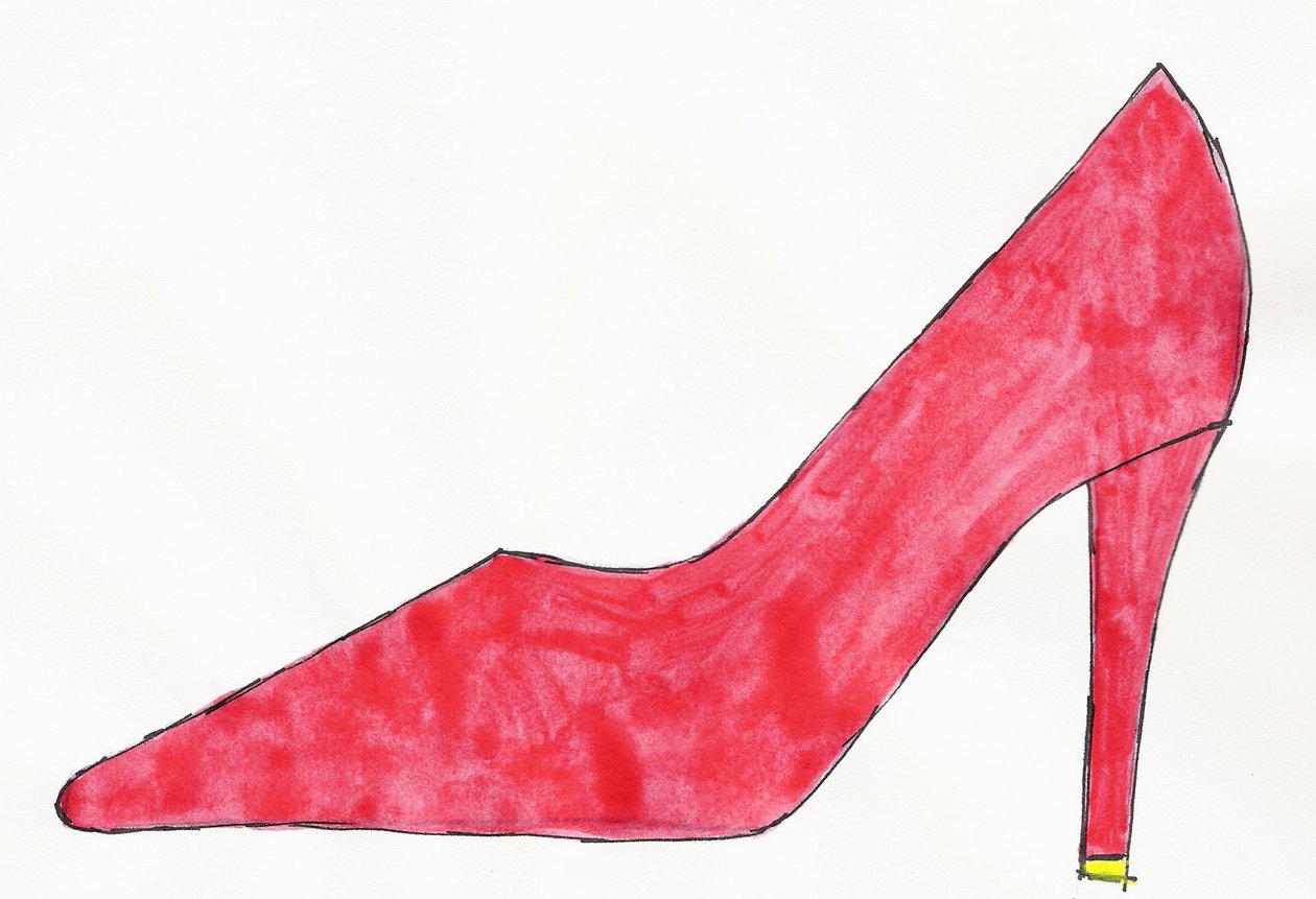 Red Shoe, 2017 (rødt og gult india-blæk med filtpen på papir) af Daisy de Villeneuve