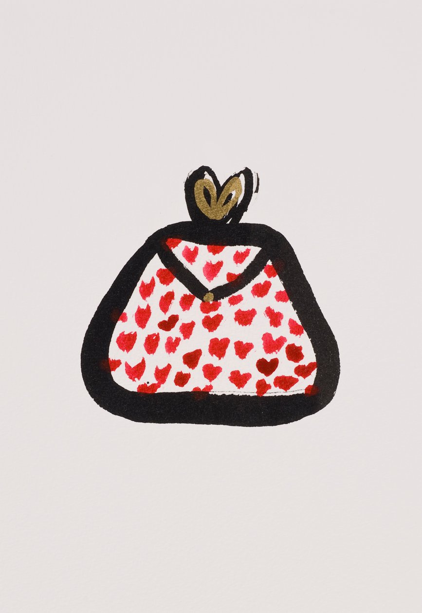 Red Spotty Purse, 2017 (rødt og sort india-blæk med guldfarvet filtpen på papir) af Daisy de Villeneuve