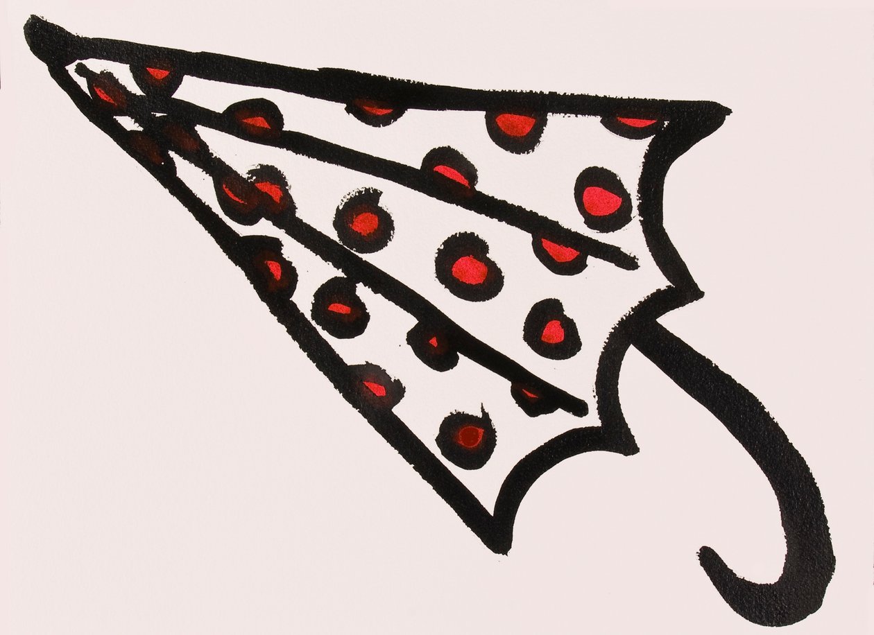 Red Spotty Umbrella, 2017 (rødt og sort india-blæk på papir) af Daisy de Villeneuve