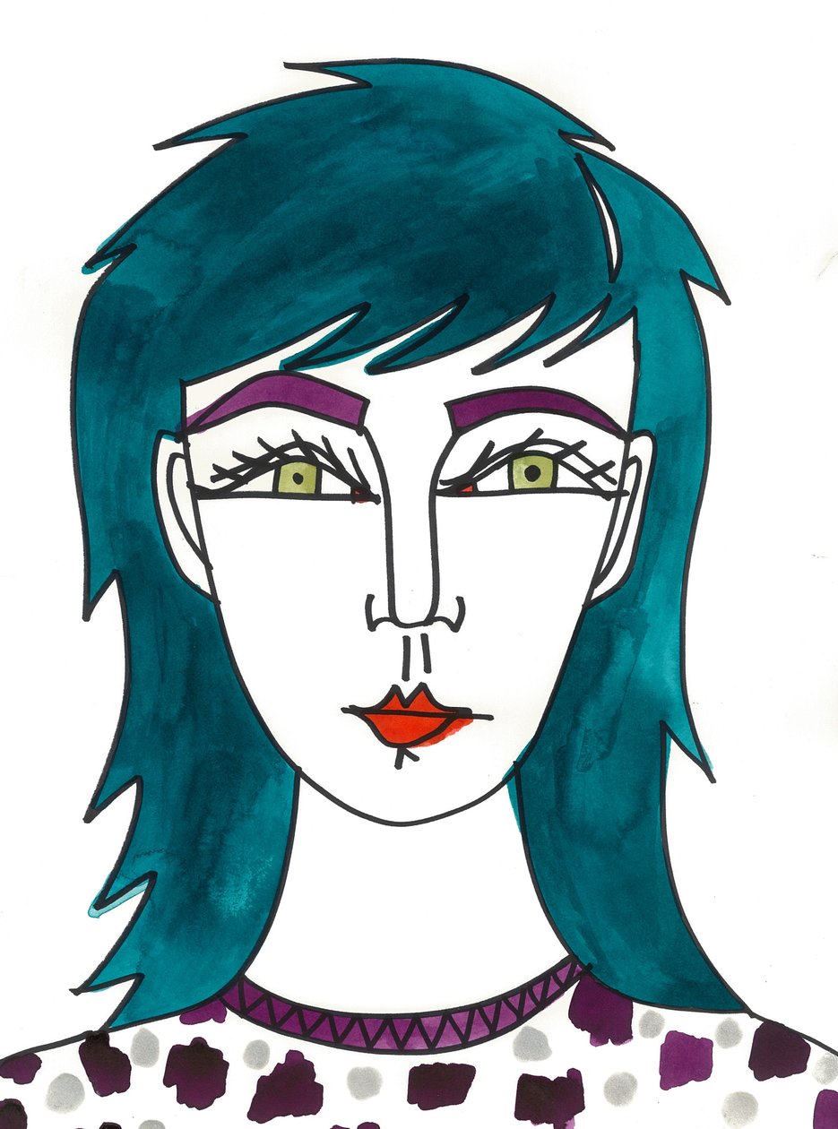 Shaggy Green Hair, 2024 (pen med maling på papir) af Daisy de Villeneuve