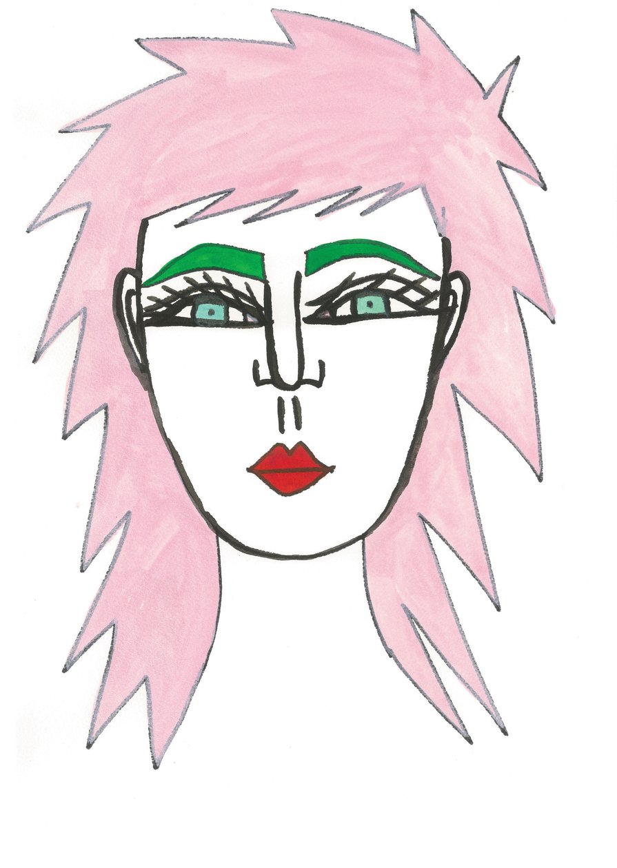 Shaggy Pink Hair, 2024 (pen med maling på papir) af Daisy de Villeneuve