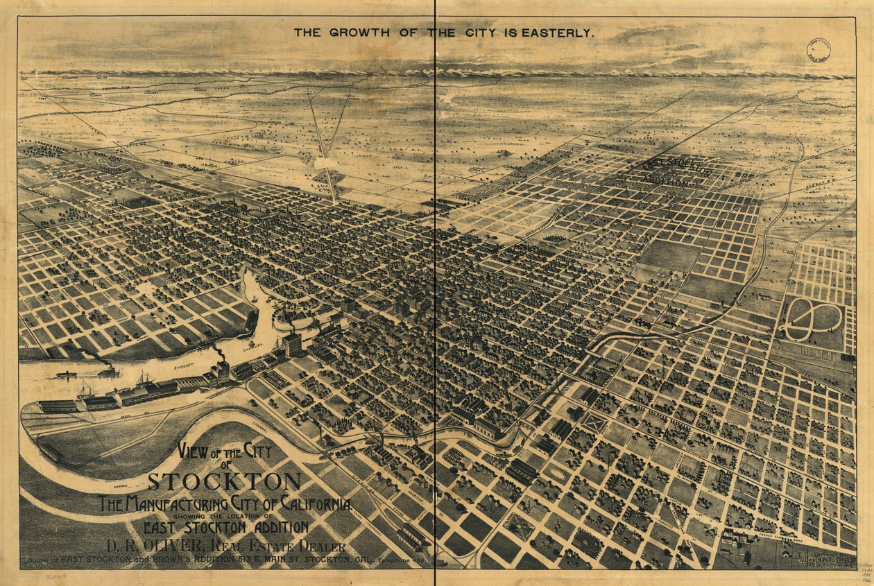 Udsigt over byen Stockton, Californiens produktionsby. Viser placeringen af East Stockton addition. af Dakin Publishing Co.