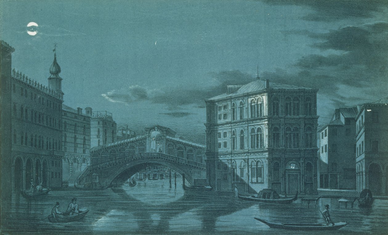 Natscene af Ponte di Rialto, Venedig, indgraveret af Brizeghel af Dalda