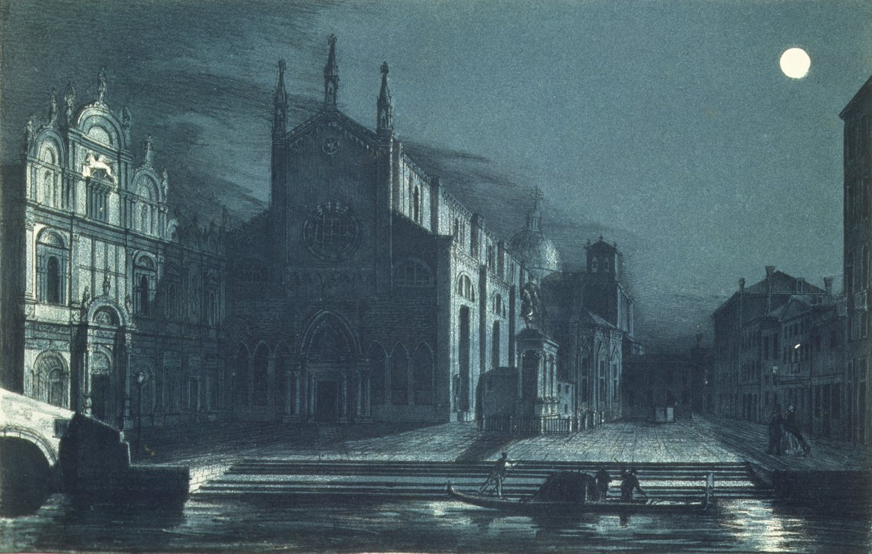 Nattescene i kirken SS. Giovanni og Paolo, Venedig, graveret af Brizeghel (litografi) af Dalda (after)