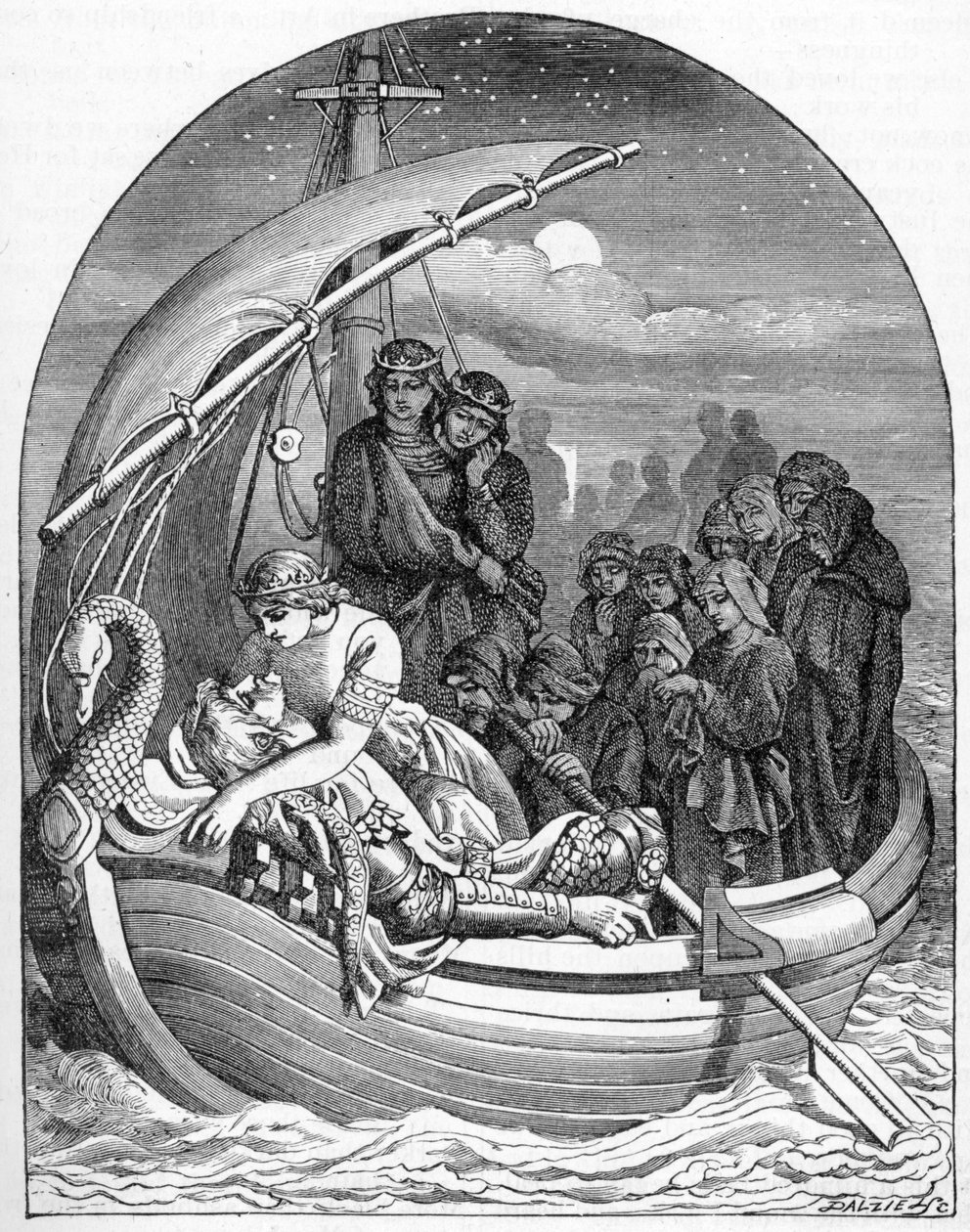 Den døende kong Arthur bliver båret bort til Avalon på et magisk skib med tre dronninger, 1901 af Dalziel Brothers