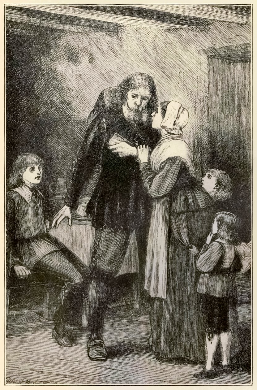 Christian betror sig til sin kone fra The Pilgrims Progress From This World, To That What Is To Come af John Bunyan (1628-1688) illustration af Thomas Dalziel (1823-1906) Christian med den tunge byrde af Dalziel Brothers