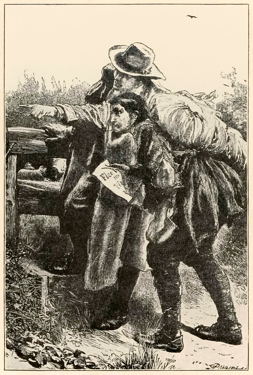 Evangelist viser vejen fra The Pilgrims Progress From This World, To That Who Is To Come af John Bunyan (1628-1688) illustration af Thomas Dalziel (1823-1906) Evangelist viser Christian the wa af Dalziel Brothers