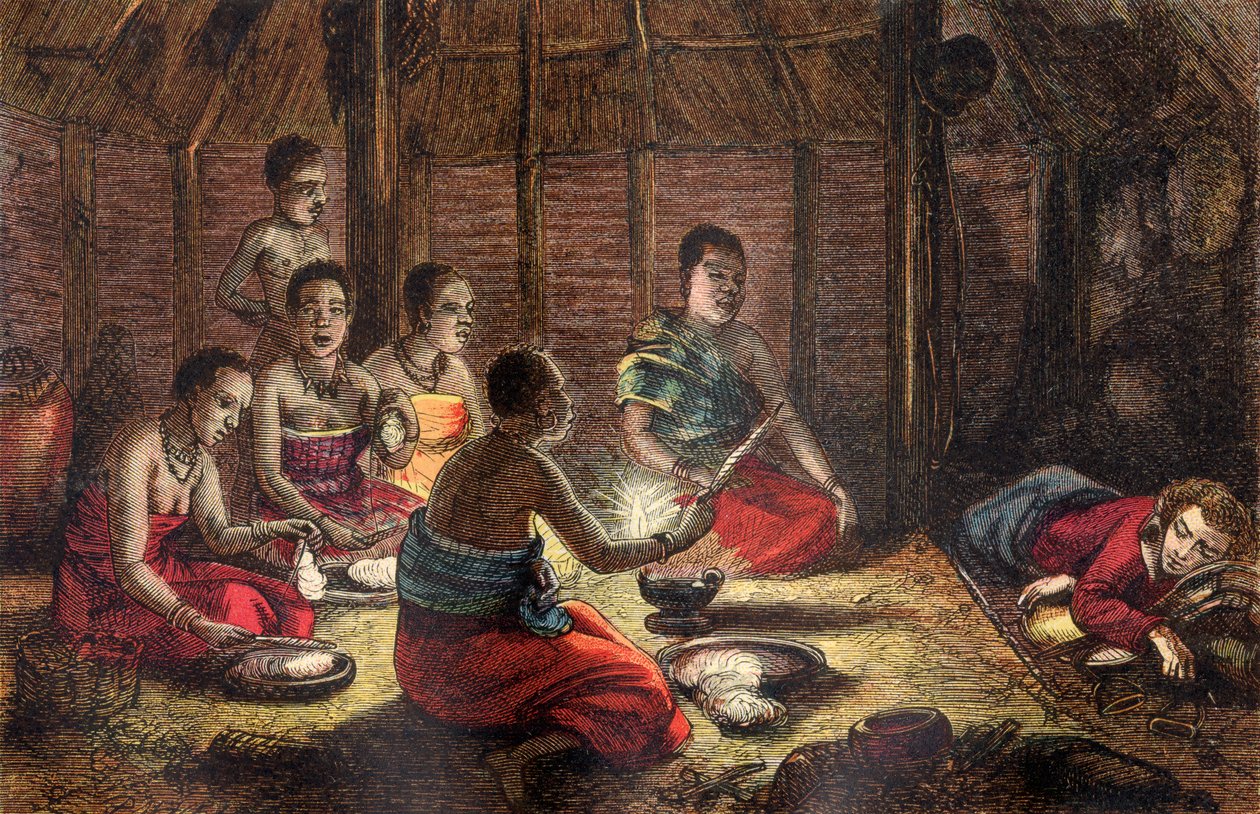 Mungo Park hviler i en indfødts hytte i Sego, Bambarra, 1796 (farvet træsnit) af Dalziel Brothers