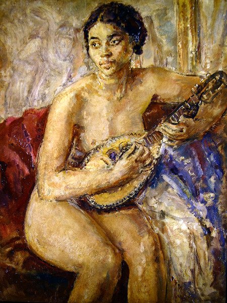 Model og mandolin (olie på lærred) af Dame Ethel Walker