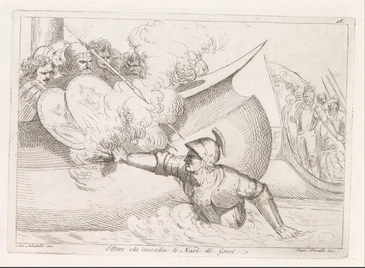 Hector sætter ild til græske skibe Ettore che incendia le Navi de Greci (titel på objekt) af Damiano Pernati
