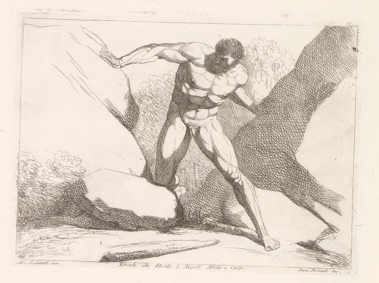 Hercules adskiller klipperne Calpe og Abila (Herkules søjler) Ercole che divide i Monti Abila e Calpe (titel på objekt) af Damiano Pernati