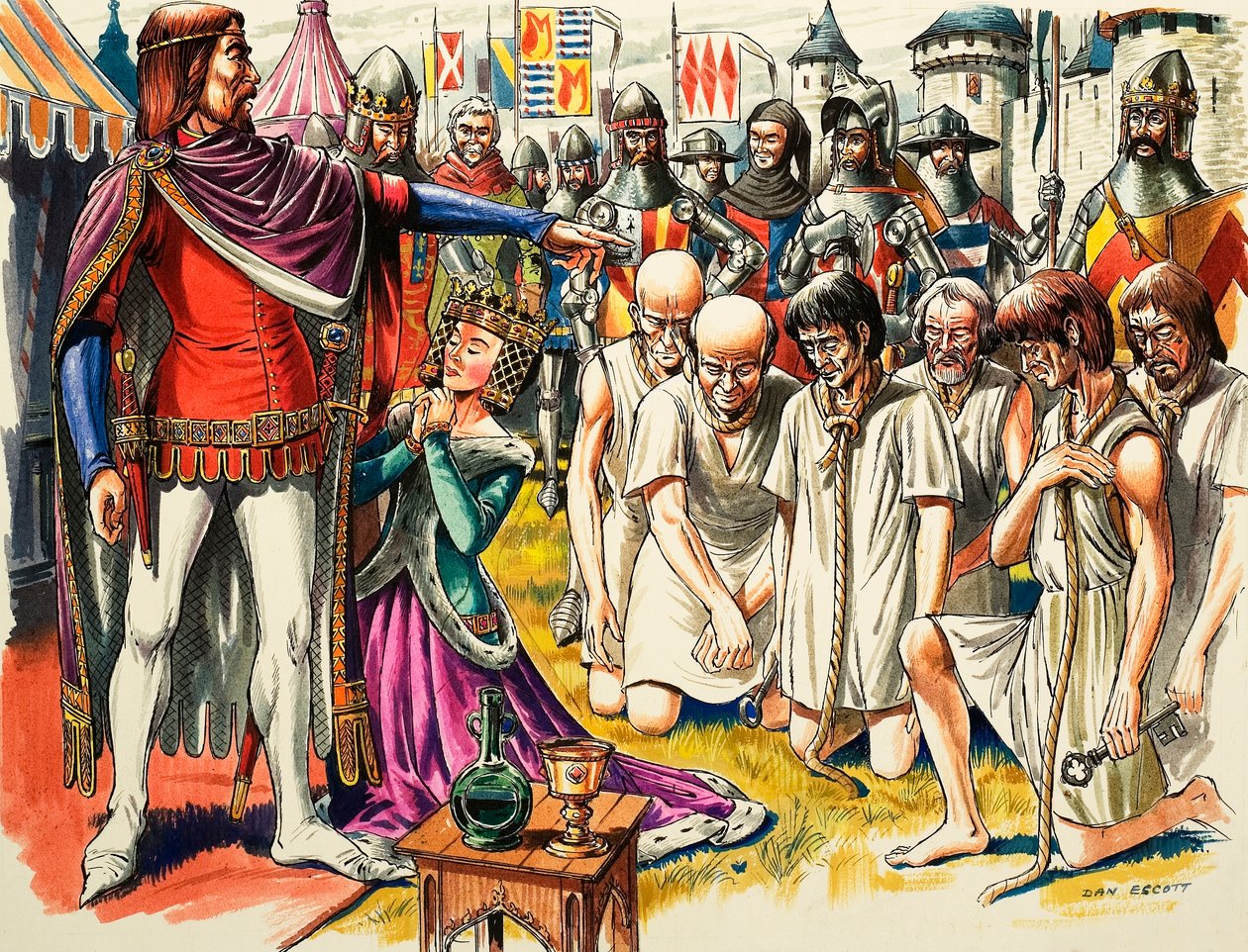 Borgerne i Calais og kong Edward III af England i 1347 (gouache på papir) af Dan Escott
