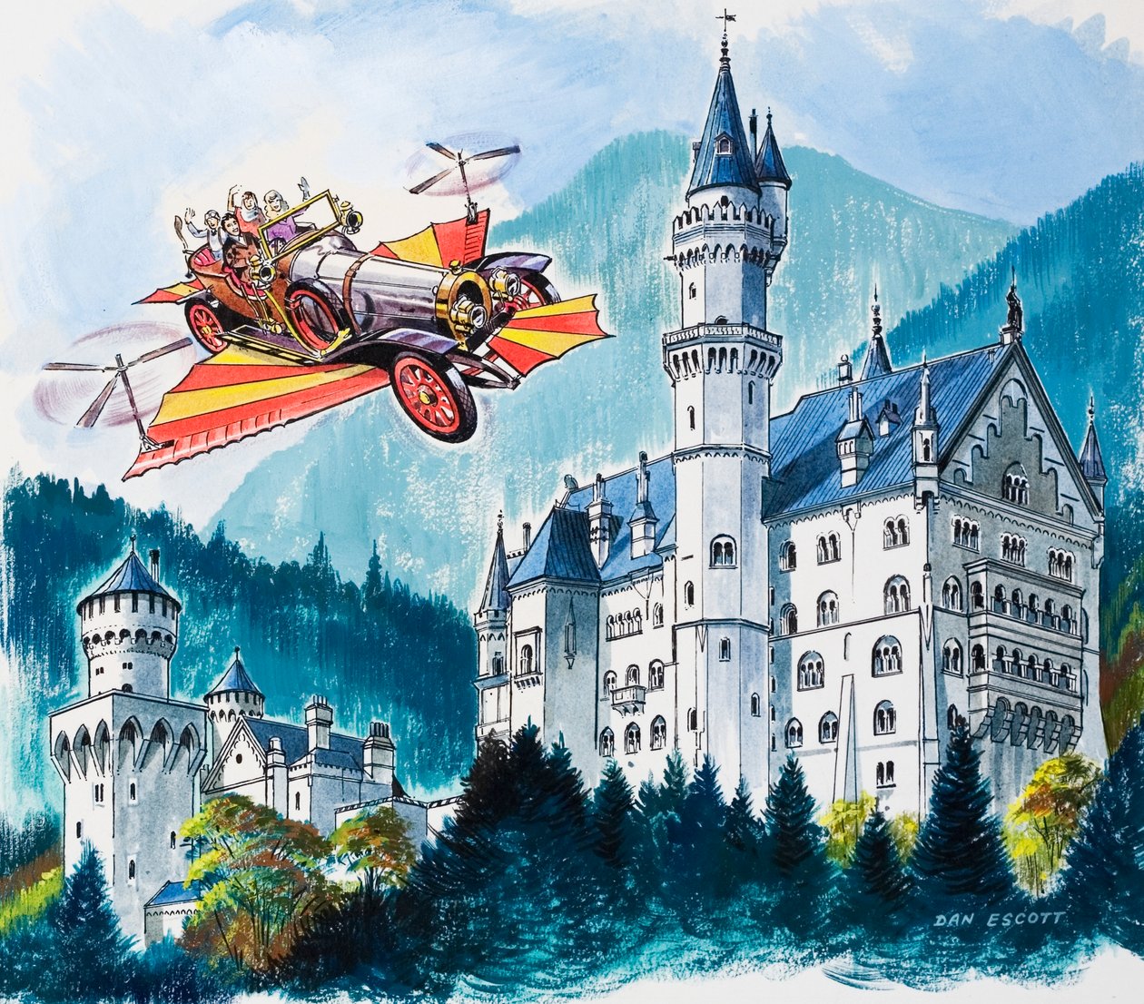Chitty Chitty Bang Bang passerer Neushwanstein i de bayerske alper af Dan Escott