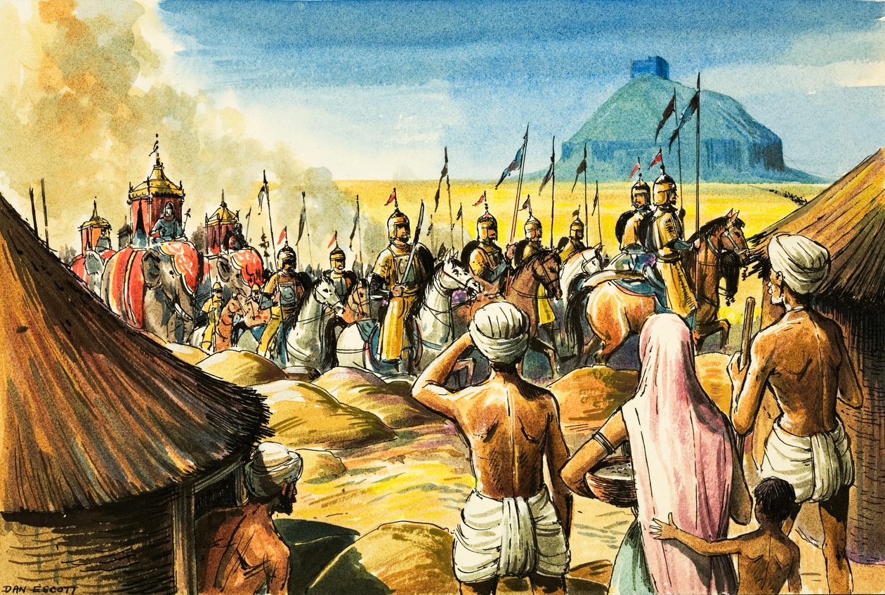 Indfødte ser til, mens et optog af elefanter og soldater nærmer sig et fort (gouache på papir) af Dan Escott