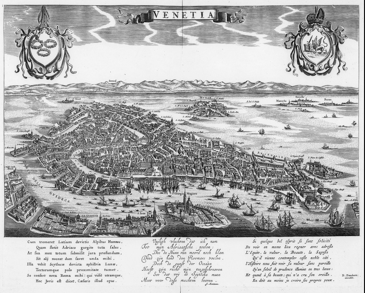 Kort over Venedig med tre tekster på latin, nederlandsk og fransk af Dancker Danckerts