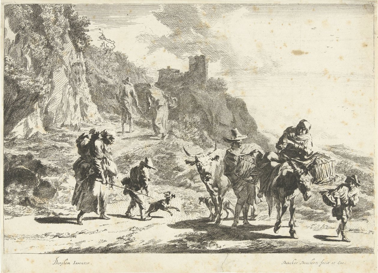 Kvinde på et pakket æsel, mand med ko og andre rejsende i bjerglandskab Southern Landscapes (serietitel) af Dancker Danckerts