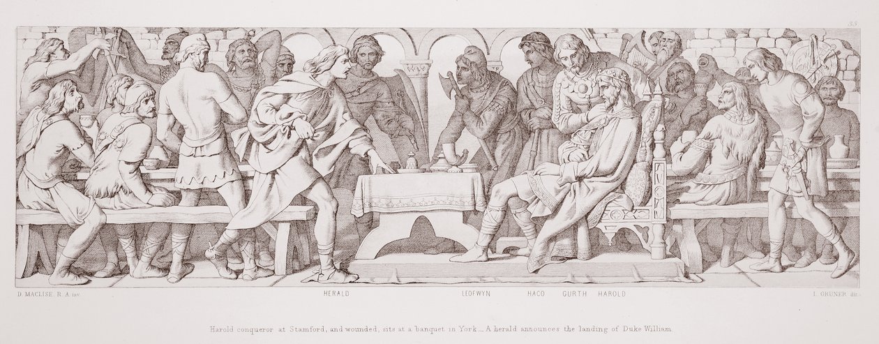Harold, erobrer ved Stamford og såret, sidder ved en banket i York, og en herold bekendtgør landgangen af hertug William, fra 