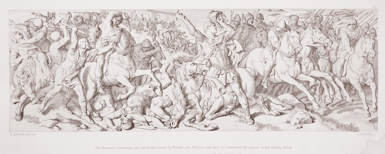 Normannerne, der trækker sig tilbage, bliver stoppet og vendt om af Vilhelm, der viser sit ansigt for at modvirke rygtet om, at han er faldet, fra "The Story of the Norman Conquest", graveret af L. Gruner, 1 af Daniel Maclise