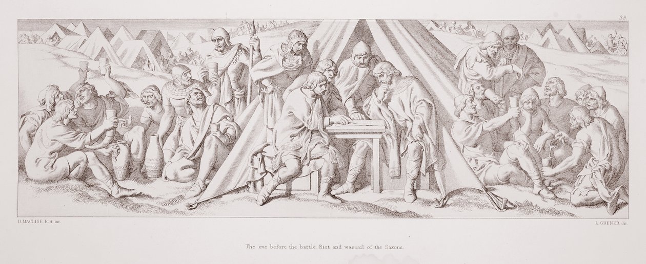 Aftenen før slaget, saksernes optøjer og vandfald, fra "The Story of the Norman Conquest", graveret af L. Gruner, 1866 af Daniel Maclise