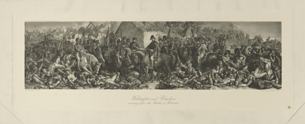 Wellington og Blücher mødes efter slaget ved Waterloo, 1815, gravering af Lumb Stocks (1812-92) af Daniel Maclise