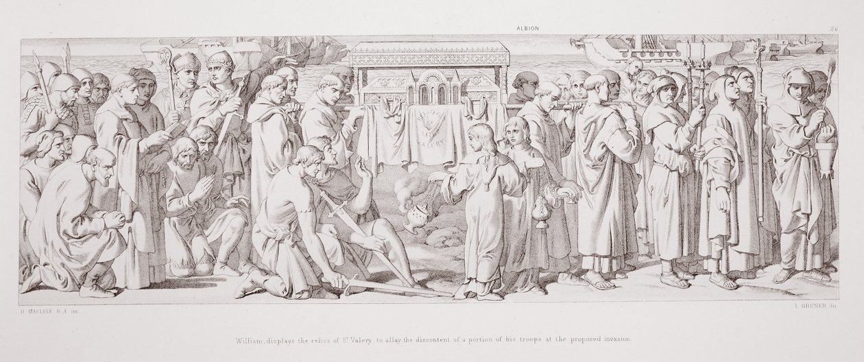 Vilhelm viser relikvierne af St. Valery for at dæmpe utilfredsheden hos en del af hans tropper over den planlagte invasion, fra "The Story of the Norman Conquest", graveret af L. Gruner, 1866 af Daniel Maclise