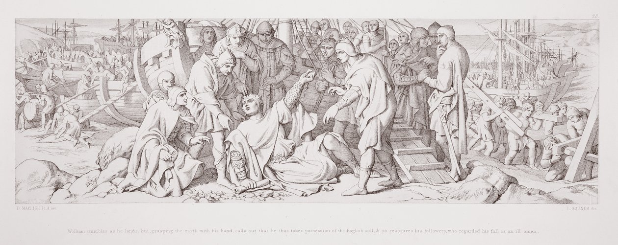 William snubler, da han lander, men griber jorden med hånden og råber, at han tager den engelske jord i besiddelse og beroliger således sine tilhængere, der betragtede hans fald som et dårligt varsel, fra af Daniel Maclise