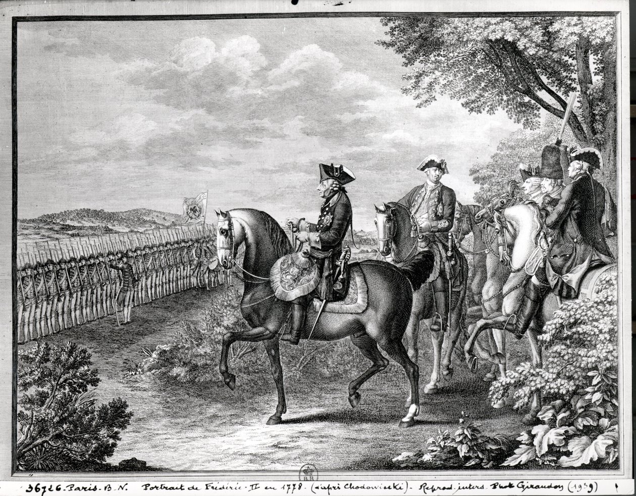 Kong Frederik II af Preussen (1712-86) i en gennemgang af tropperne i 1778 af Daniel Nikolaus Chodowiecki