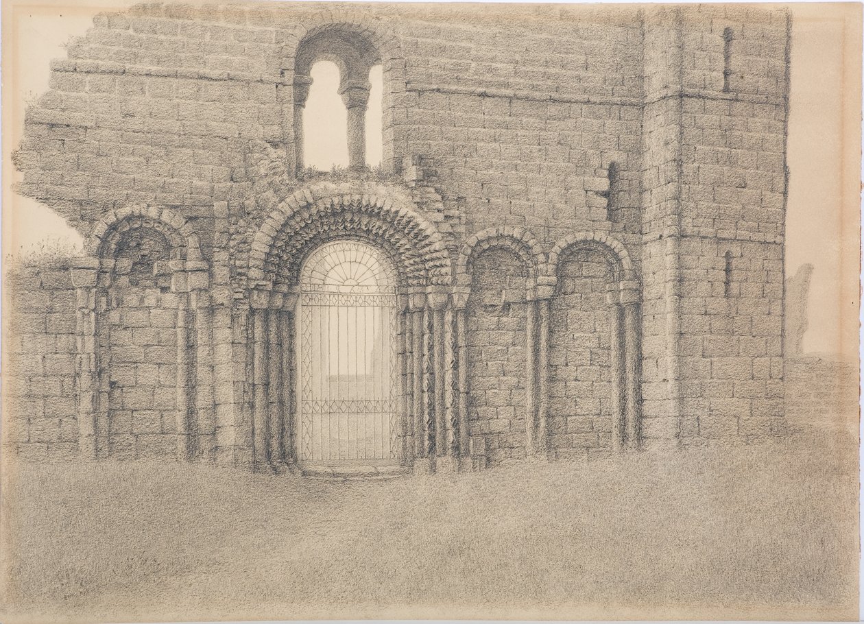 Lindisfarne Priory, West Front, ca. 1916 (kul på kort) af Daniel Oliver